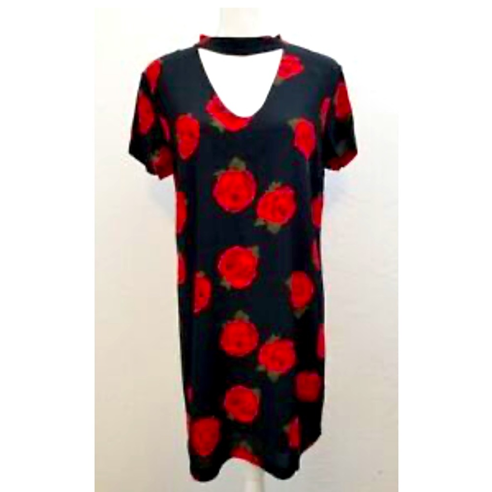 Black A-line dress with red roses.